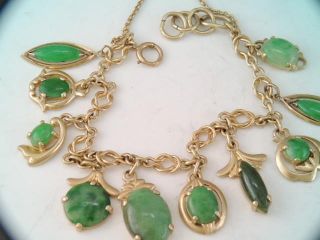 Rare Vintage Solid 14k Gold Green Jade Charm Bracelet 10 Jade Charms Look