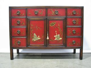 Theodore Alexander Red Lacquer Chinoiserie Painted Sideboard; Oriental Keepsakes