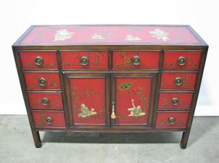Theodore Alexander Red Lacquer Chinoiserie Painted Sideboard; Oriental Keepsakes 2