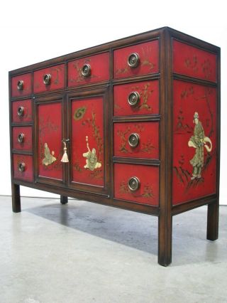 Theodore Alexander Red Lacquer Chinoiserie Painted Sideboard; Oriental Keepsakes 4
