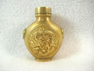 VINTAGE CHINESE QING DYNASTY SIGNED BRASS SNUFF BOTTLE W/ DOUBLE DRAGONS SCENIC 4