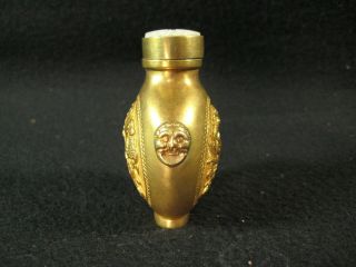 VINTAGE CHINESE QING DYNASTY SIGNED BRASS SNUFF BOTTLE W/ DOUBLE DRAGONS SCENIC 5
