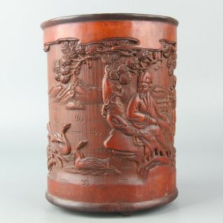 Chinese Exquisite Hand - Carved Ancient People Carving Bamboo Brush Pot