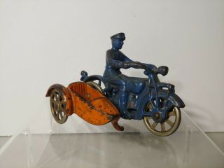 Rare Antique Kilgore Blue Orange 1930 (s) Cast Iron Cop Motorcycle W/ Side Car