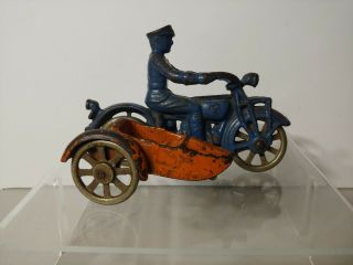 RARE ANTIQUE KILGORE BLUE ORANGE 1930 (s) CAST IRON COP MOTORCYCLE W/ SIDE CAR 2