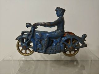 RARE ANTIQUE KILGORE BLUE ORANGE 1930 (s) CAST IRON COP MOTORCYCLE W/ SIDE CAR 3