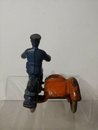 RARE ANTIQUE KILGORE BLUE ORANGE 1930 (s) CAST IRON COP MOTORCYCLE W/ SIDE CAR 4