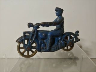 RARE ANTIQUE KILGORE BLUE ORANGE 1930 (s) CAST IRON COP MOTORCYCLE W/ SIDE CAR 7