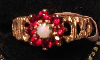 Vintage 9 Ct Gold Opal & Ruby Cluster Ring Size I 4 1/4