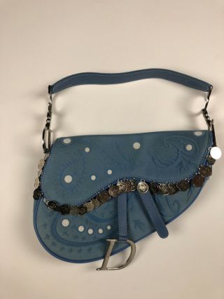 Christian Dior Vintage Saddle Bag Blue Embroidered Small Purse