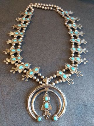 Navajo Squash Blossom Necklace Sterling Silver & Turquoise Vintage 225g
