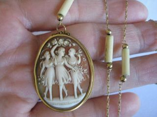 Vtg Antique 14k Yellow Gold Station Necklace 23 " Hooked Lavalier Cameo Pendant