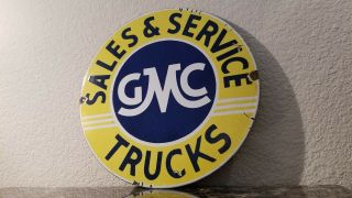 Vintage Gmc Porcelain Gas Motor Car Trucks Sales Service Station Pump Plate Sign