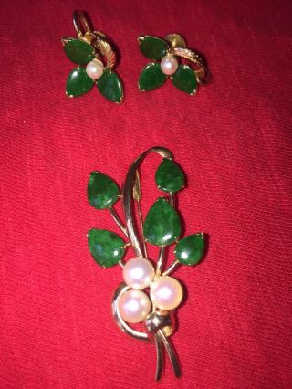 Vintage T.  Y.  L 14k Jade/jadeite/pears ?brooch Pin & Earrings Set.