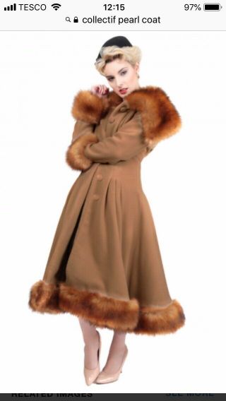 Collectif Beige Pearl Coat Size 12 Medium Faux Fur Trim Vintage Style