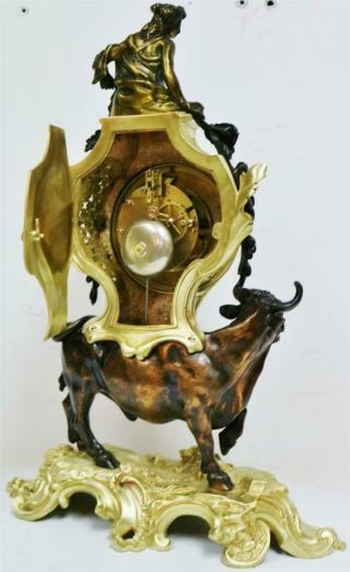 Rare Large Antique French Empire 8 Day 2 Tone Bronze Ormolu Bull Mantle Clock 12