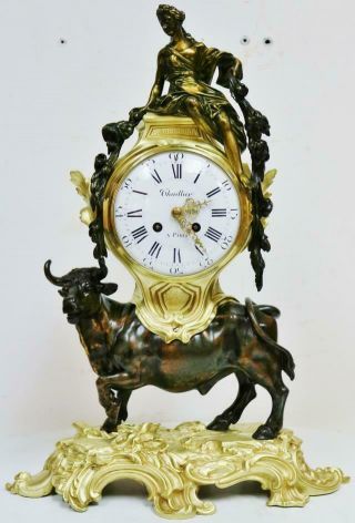 Rare Large Antique French Empire 8 Day 2 Tone Bronze Ormolu Bull Mantle Clock