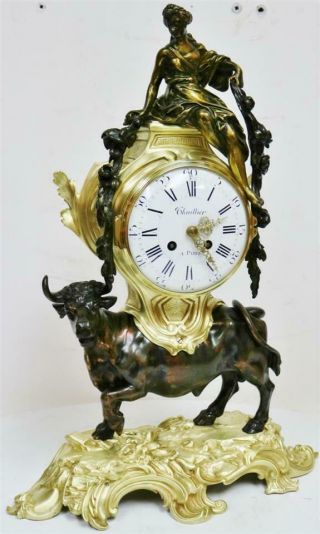 Rare Large Antique French Empire 8 Day 2 Tone Bronze Ormolu Bull Mantle Clock 2