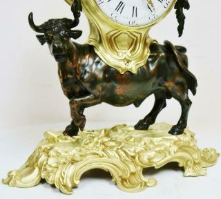 Rare Large Antique French Empire 8 Day 2 Tone Bronze Ormolu Bull Mantle Clock 3