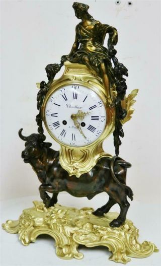 Rare Large Antique French Empire 8 Day 2 Tone Bronze Ormolu Bull Mantle Clock 6
