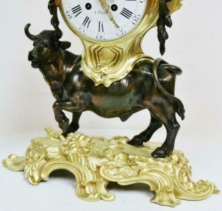Rare Large Antique French Empire 8 Day 2 Tone Bronze Ormolu Bull Mantle Clock 7