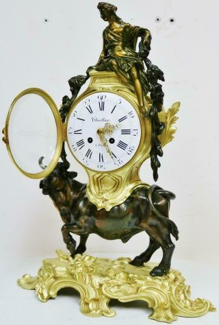 Rare Large Antique French Empire 8 Day 2 Tone Bronze Ormolu Bull Mantle Clock 9