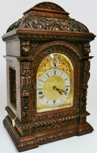 Antique Carved Oak 3 Train 5 Gong Musical Westminster Chime W&H Bracket Clock 2