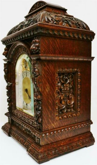 Antique Carved Oak 3 Train 5 Gong Musical Westminster Chime W&H Bracket Clock 7