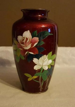 Vintage Japanese Akasuki Ginbari Pigeon Blood Red Cloisonne Vase Roses 6 Inches
