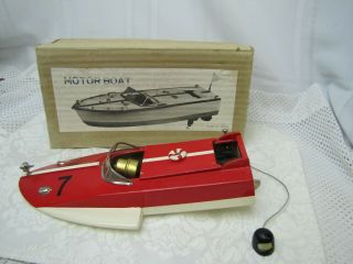 Vintage Motorized Wooden Toy Race Boat With Box Made In Japan