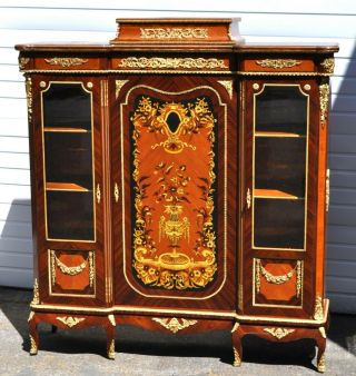 Antique French Louis Xvi Style Marquetry Ormolu China Cabinet / Hutch / Bookacse