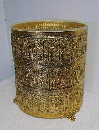 vtg Hollywood Regency metal Gold Brass tone Acrylic Waste Basket Trash Can roses 2