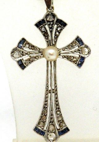 Stunning Art Deco 18k Gold With Diamond,  Sapphires And Pearl Cross Pendant