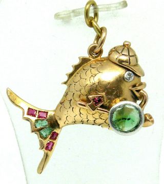 Unique 18k Gold With Emerald And Rubies Detective Fish Pendant