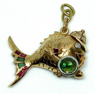 Unique 18K Gold with Emerald and Rubies Detective Fish Pendant 2