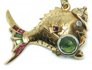 Unique 18K Gold with Emerald and Rubies Detective Fish Pendant 4