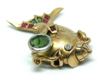 Unique 18K Gold with Emerald and Rubies Detective Fish Pendant 5