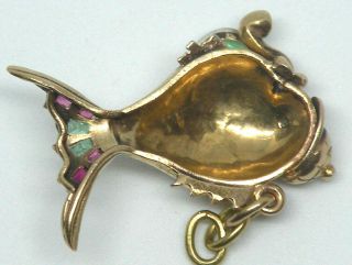 Unique 18K Gold with Emerald and Rubies Detective Fish Pendant 7