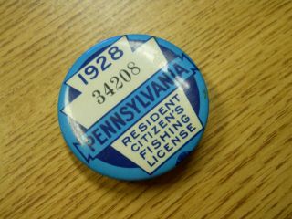 1928 Pa.  Pennsylvania Fishing License Button Badge Pin W/ Paper License
