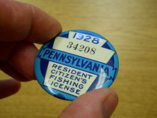 1928 PA.  Pennsylvania Fishing License Button Badge Pin W/ Paper License 3