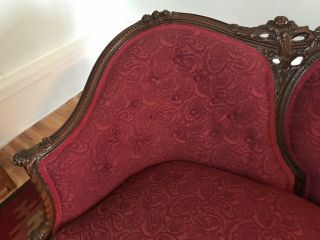 Antique Victorian red couch and chair reupholstered and wood refinished 6
