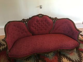 Antique Victorian red couch and chair reupholstered and wood refinished 8