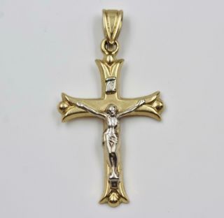 Vintage Estate 14k Solid Yellow & White Gold Crucifix Cross Pendant