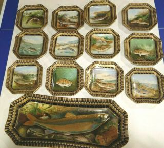 Antique Wilhelm & Graef S.  A.  Kilbourne Handpainted Fish Platter & 12 Plates
