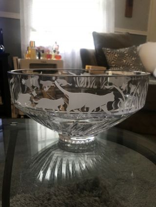 Vintage Large Lenox Full Lead Crystal Etched Cat Kittens Centerpiece Bowl 10”