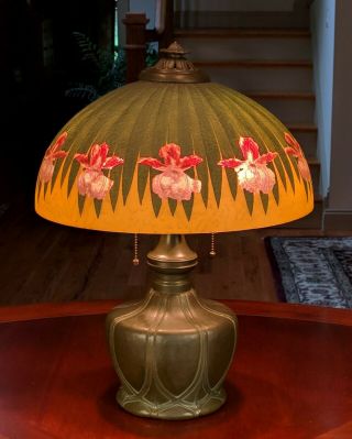 Antique Arts & Crafts Bradley Hubbard Lamp Reverse Painted Iris Shade Handel B&H 4