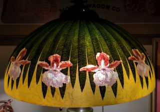 Antique Arts & Crafts Bradley Hubbard Lamp Reverse Painted Iris Shade Handel B&H 5