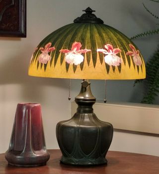 Antique Arts & Crafts Bradley Hubbard Lamp Reverse Painted Iris Shade Handel B&H 8