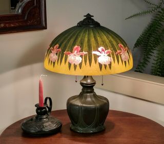 Antique Arts & Crafts Bradley Hubbard Lamp Reverse Painted Iris Shade Handel B&H 9