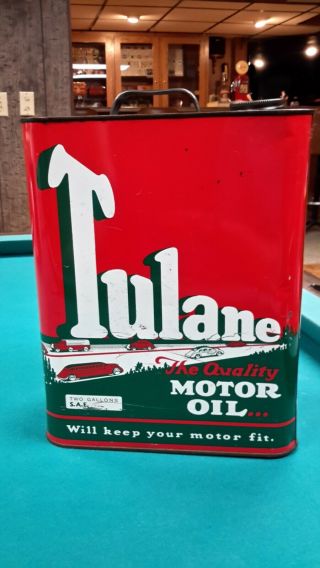 Vintage 2 Gallon Tulane Oil Can W/ Great Car Graphics